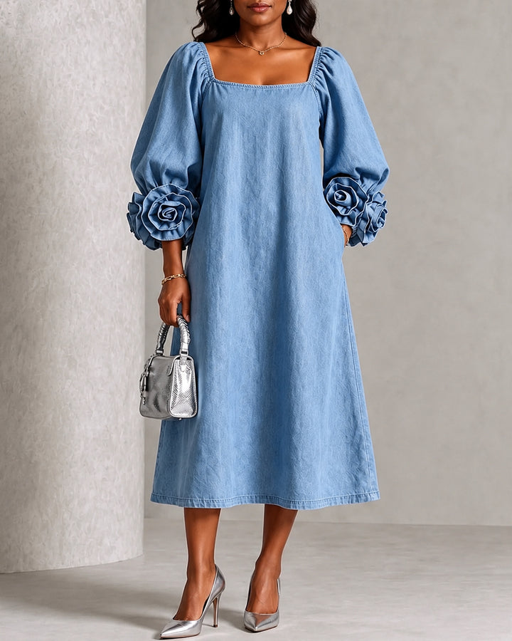 Chic Chambray Square Collar Denim 3D Rosette Sleeve Midi Dress