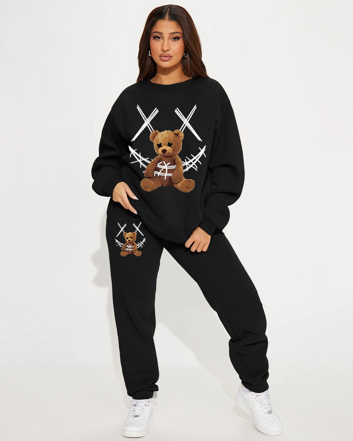 Fun Brown Bear Print Crew Neck Sweatshirt Two Pieces Set