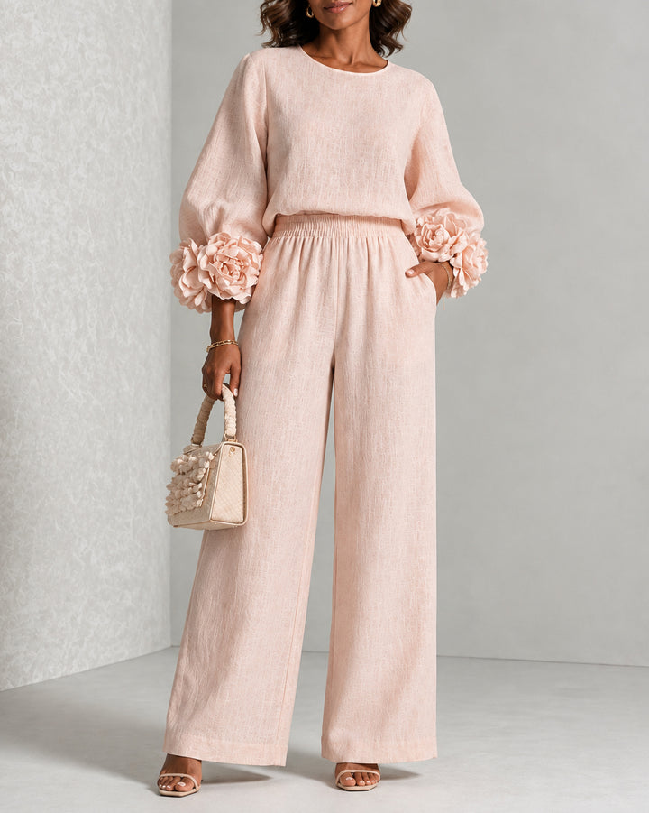 Women 3D Flower Cuff Top & Wide Leg Pants Matching Set Elegant 2 Piece Outfit