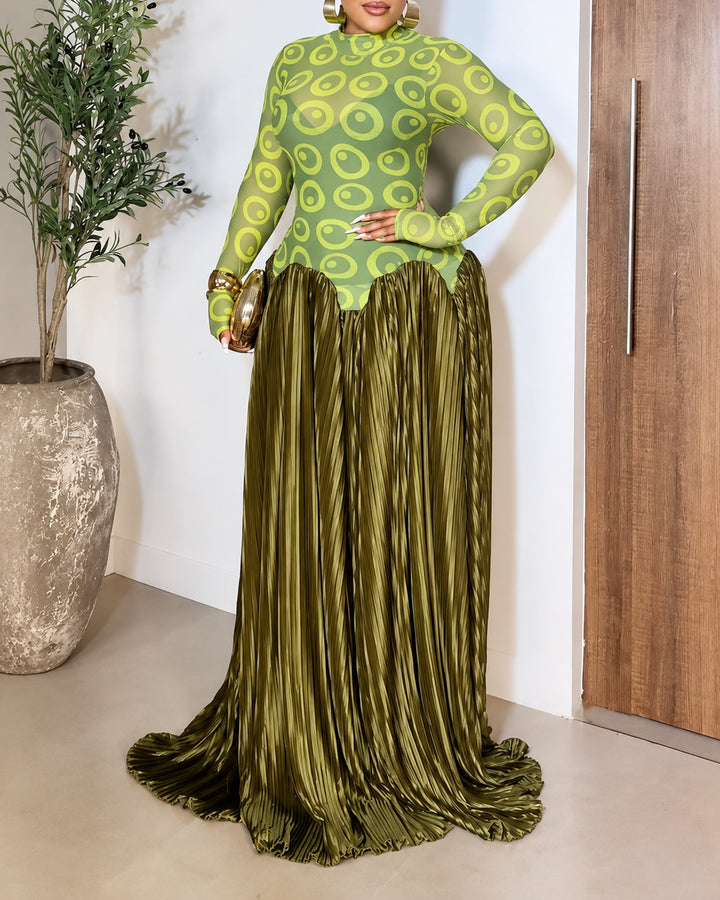 Women's Mock Neck Mesh Print Sheer Mesh Top with Pleated Maxi Dress