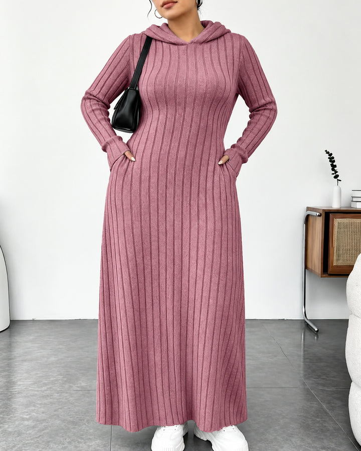 Plus Size Ribbed Hooded Pockets Maxi Dress