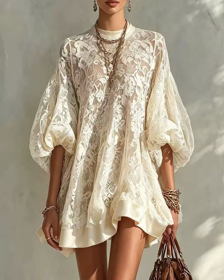 Puffed Sleeve See-through Lace Frill Mini Dress