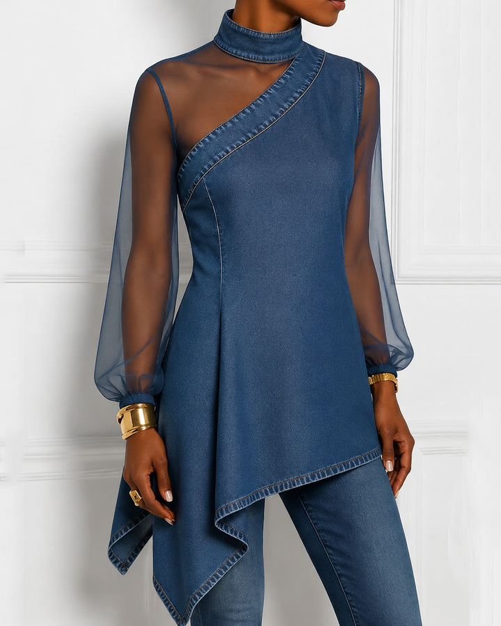 Long Sleeves Puff Sleeves Asymmetric Mesh Split-Joint Mock Neck Blouses&Shirts Tops
