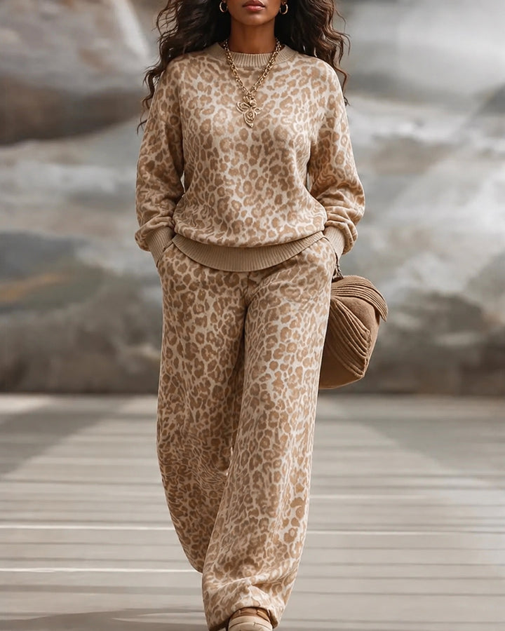 Light Brown Leopard Print Long-sleeved Sweatshirt and Wide-leg Pants Two Piece Set