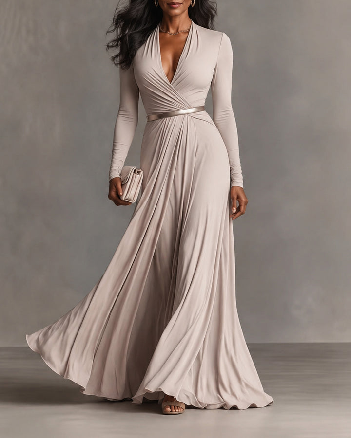 V-Neck Long Sleeve Solid Color Elegant Flared Maxi Dress