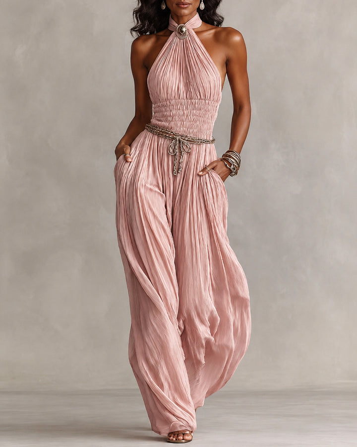 Bohemian Halter Neck Wide-Leg Jumpsuit