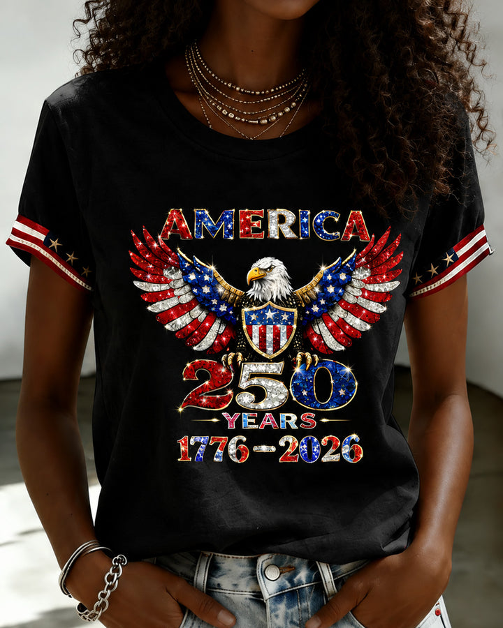 USA 250th Anniversary Patriotic Bald Eagle Print Crew Neck Short Sleeve Tshirt