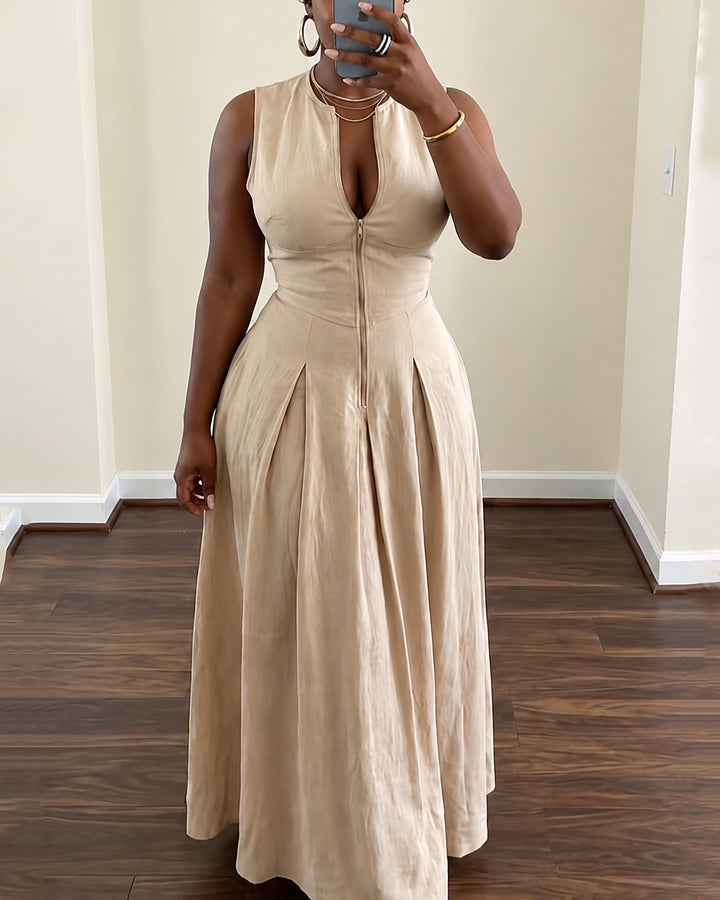 Round Neck Zipper High Waist Maxi Dresses