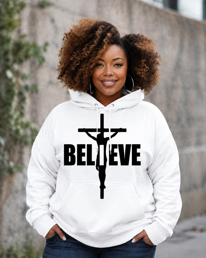 Women's Believe Christmas Jesus Prints Long Sleeve Hoodie