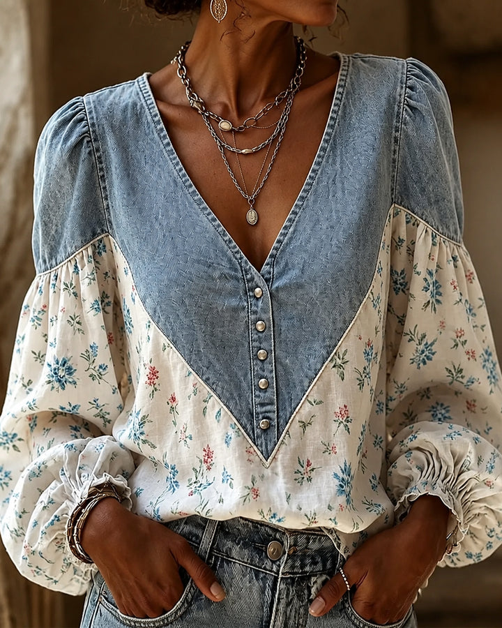 Boho-Chic Floral Paneling Denim Blouse
