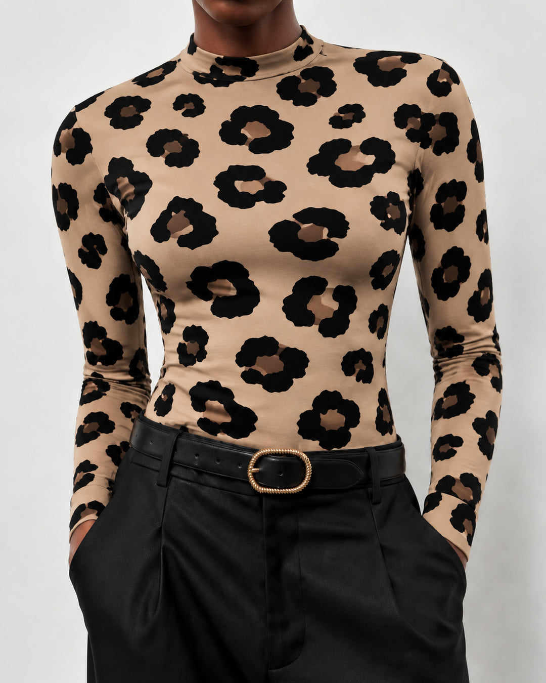 Western-Style Leopard Print Crew Neck Long Sleeve Stretchy Basic Top