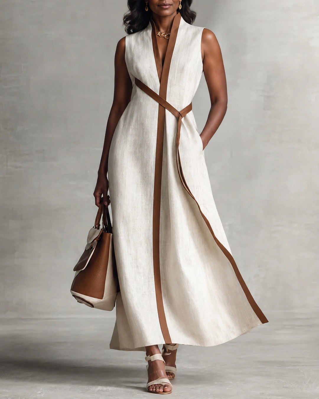 Women's Color Block Sleeveless Stand Collar Linen Blend Dress