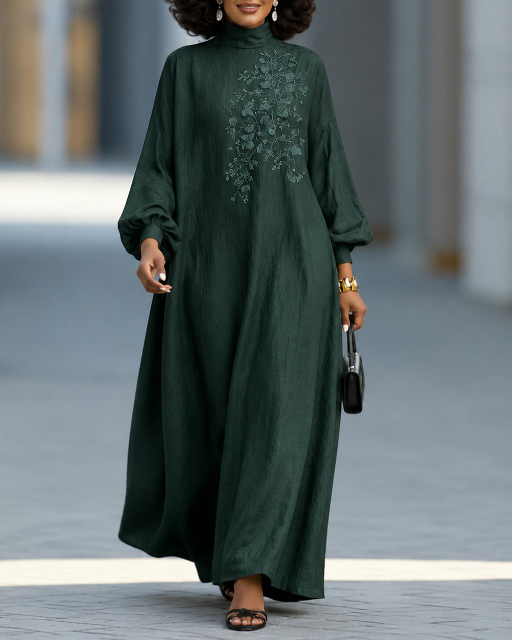 Linen Textured Abaya Maxi Dress Floral Embroidery