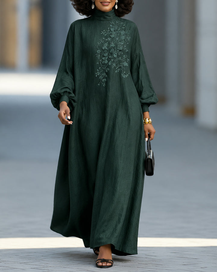Linen Textured Abaya Maxi Dress Floral Embroidery