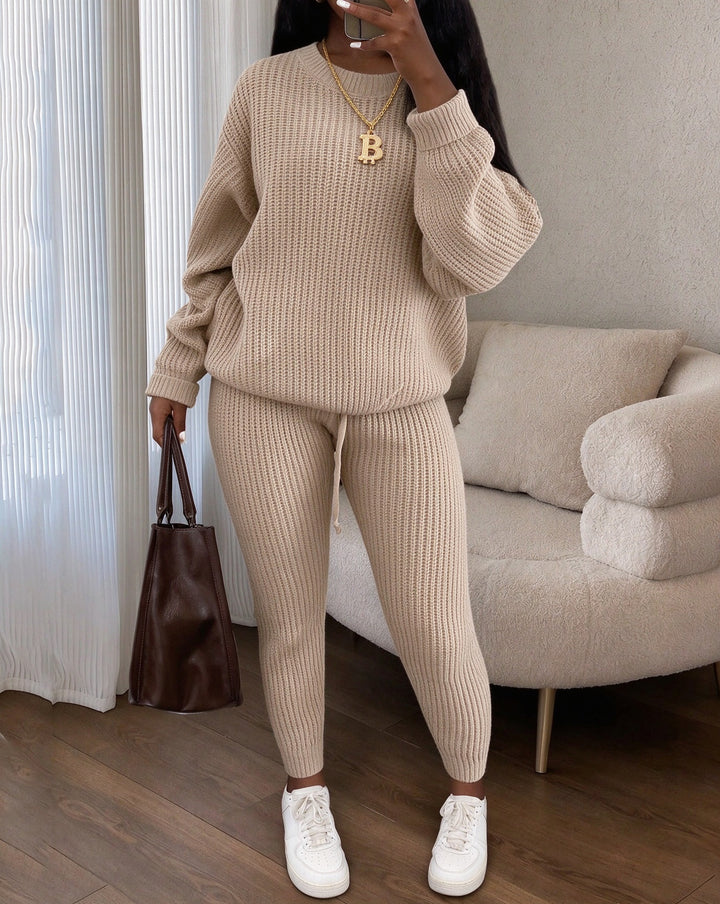 Women's Crew Neck Long Sleeve Oversized Ribbed Knit 2 Piece Outfit Set