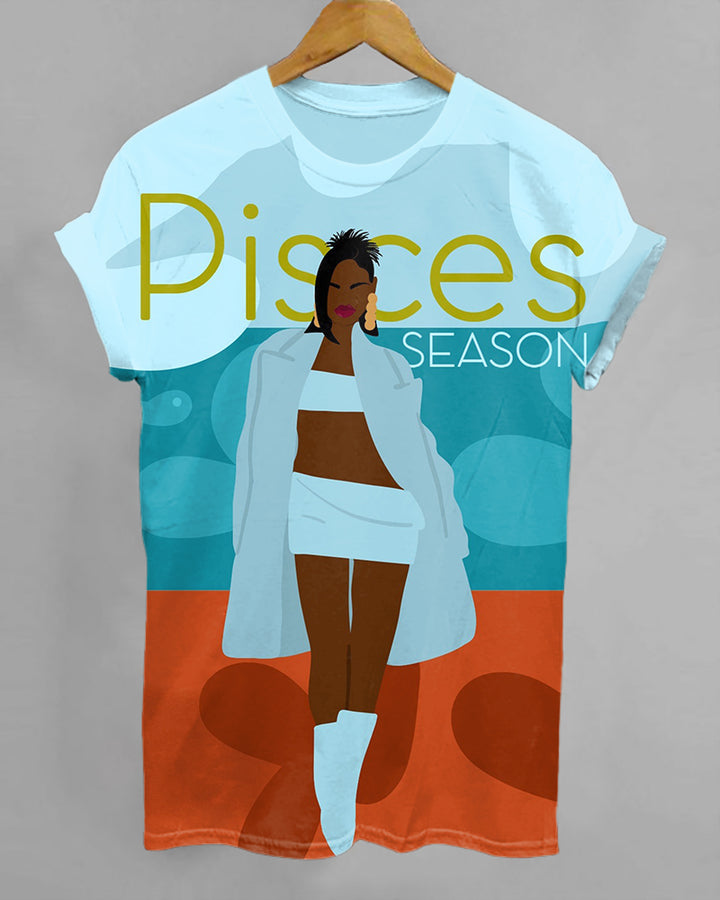 Pisces Cartoon Illustrations Print Crew Neck Short Sleeve Tshirt