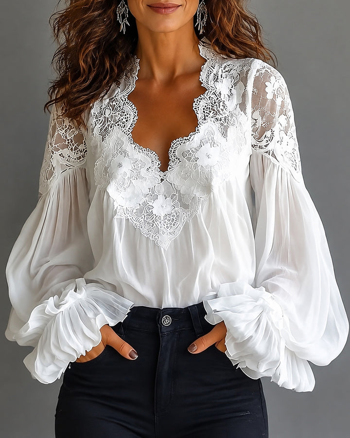 U-neck Puff Sleeve Pleated Lace-trimmed Blouses