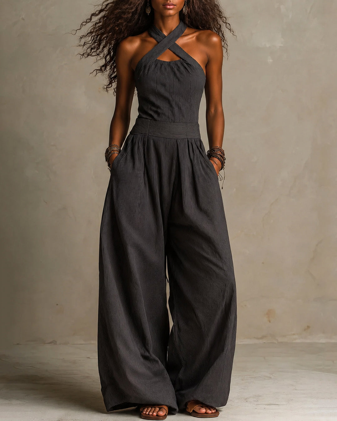 Women's Pinstriped Boho Halter Neck Jumpsuit