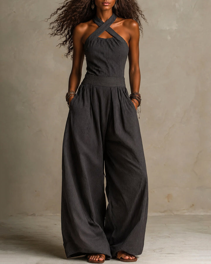 Women's Pinstriped Boho Halter Neck Jumpsuit