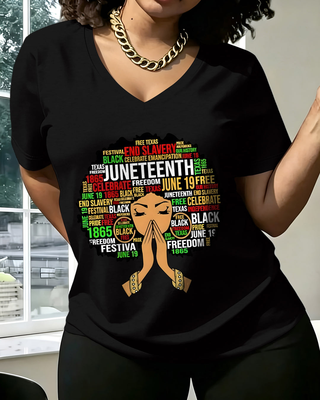 100% Cotton Juneteenth Cartoon Afro Girl V Neck Short Sleeve Tshirt