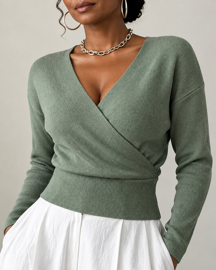 Women's Wrap V Neck Ribbed Knit Top