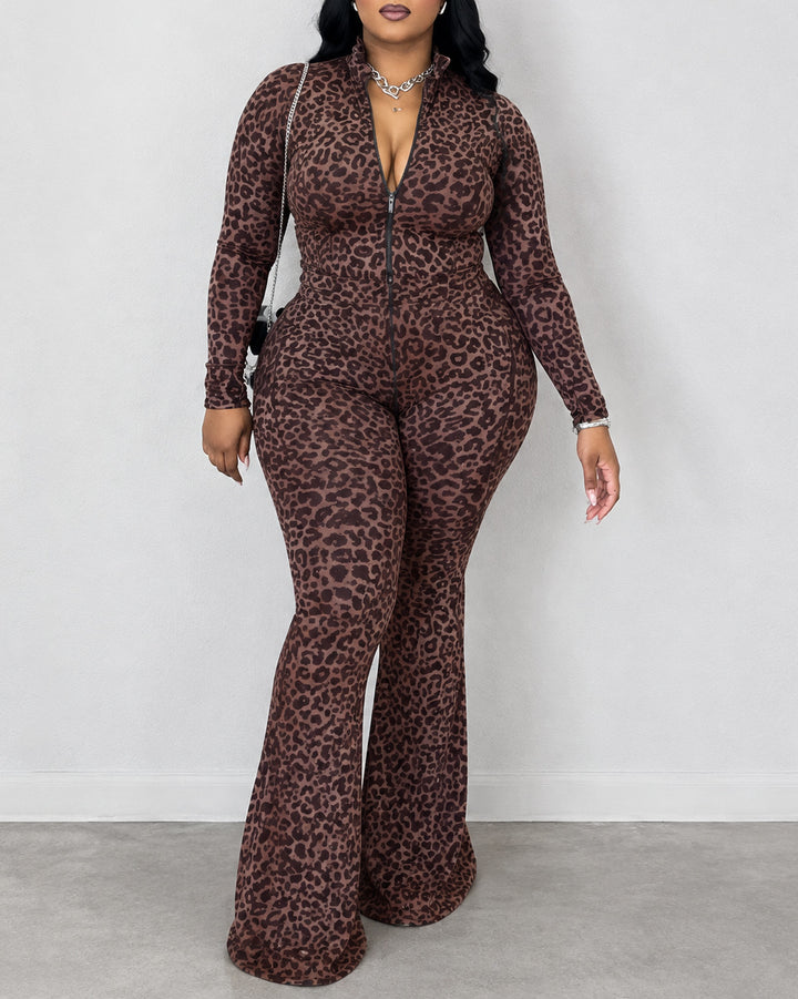 Women Leopard Print Long Sleeve Half Zip High Neck Jumpsuit