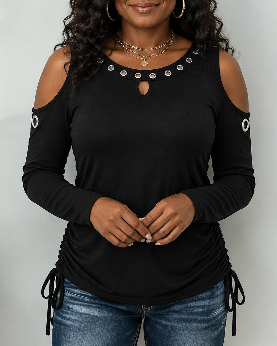 Women's Cold Shoulder  Metal Eyelet Long Sleeve Top