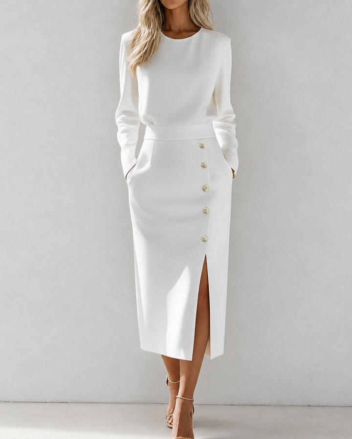 Solid Color Round Neck Long Sleeve Fitted Waist Button Slit Dress