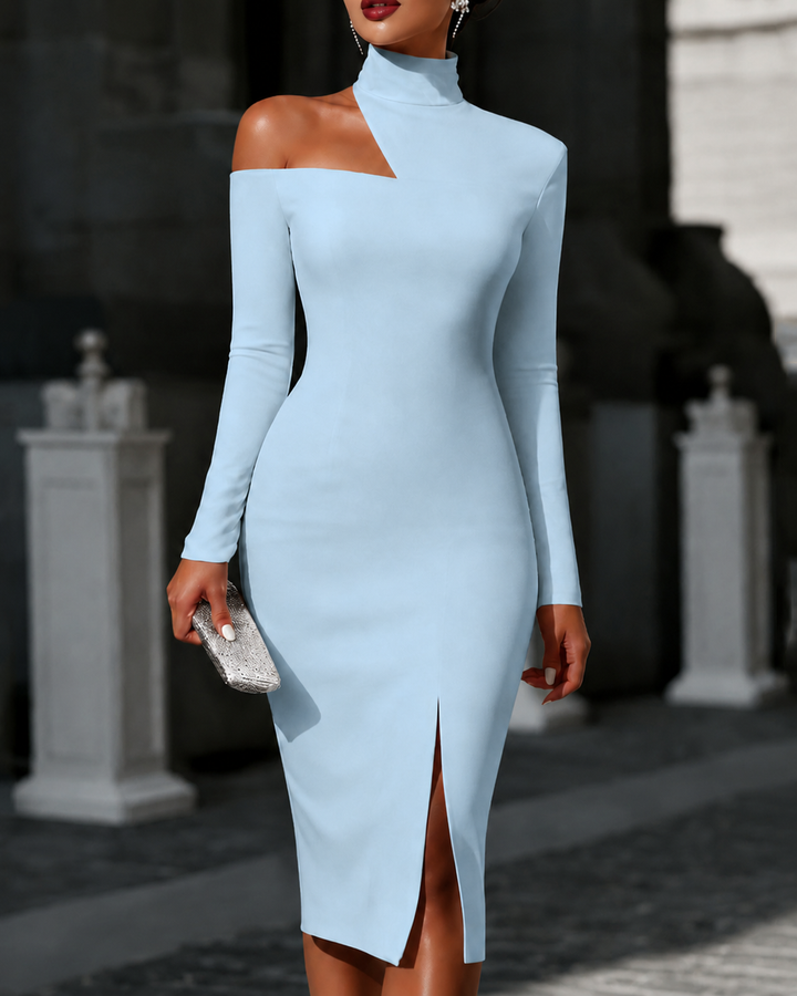 Off-the-shoulder High-neck Slim-fit Solid Color Dress Party Dress