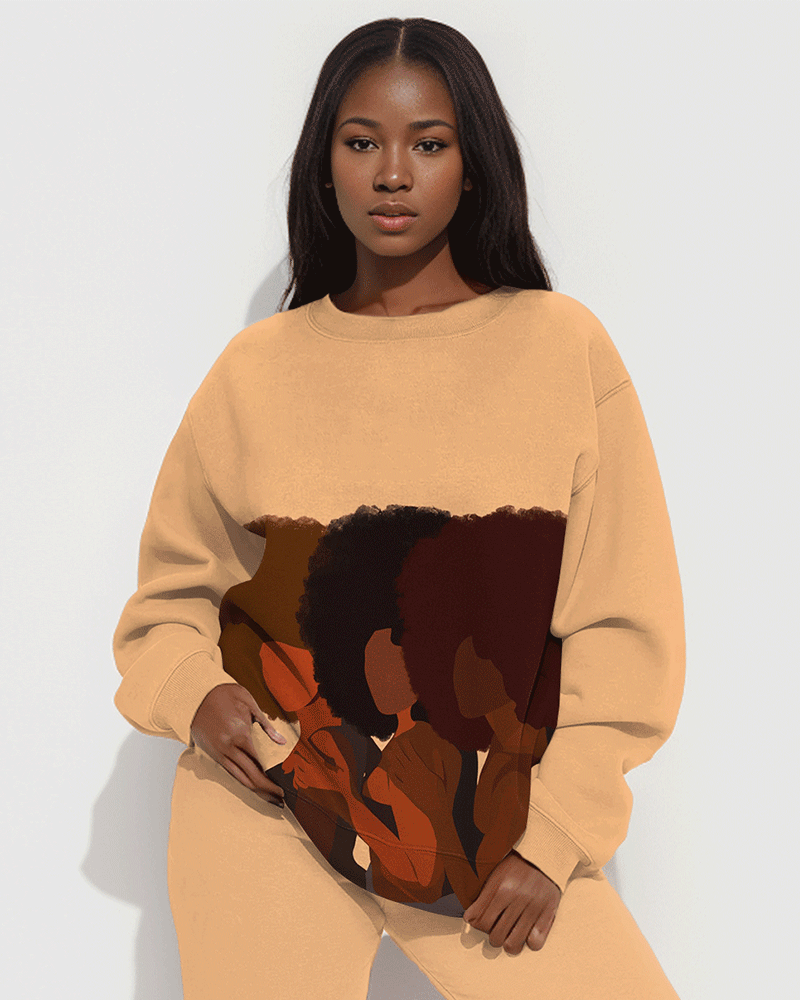 Afro Girls Together Print Long Sleeve Sweatshirt Two Pieces Set