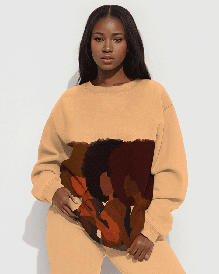 Afro Girls Together Print Long Sleeve Sweatshirt Two Pieces Set