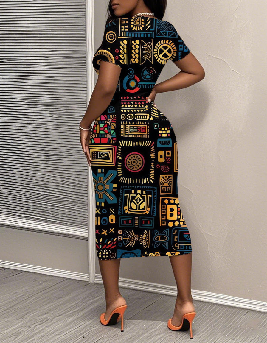 African Textile Design Short Sleeve Bodycon Dress