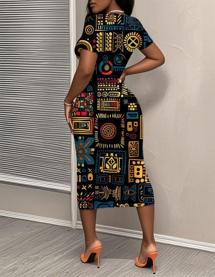 African Textile Design Short Sleeve Bodycon Dress