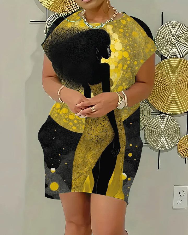 Crewneck Raglan-Sleeve Pocket Dress with Artistic Portrait Prints