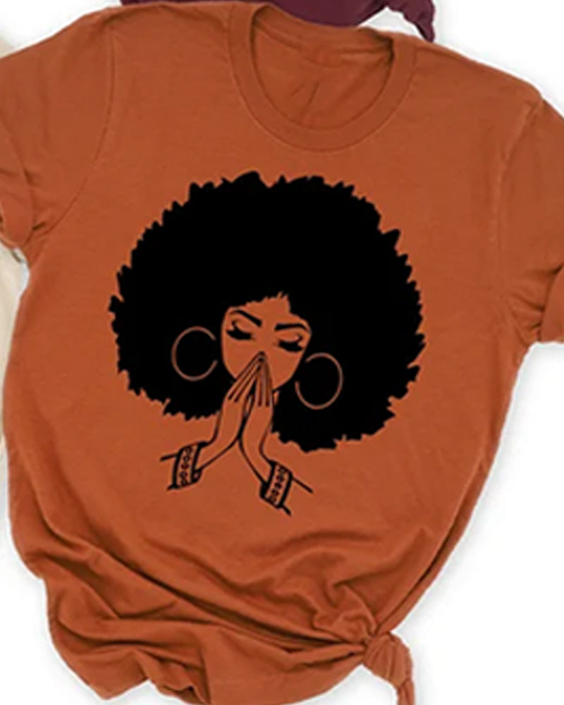 Simple black girl cartoon print ladies short-sleeved T-shirt