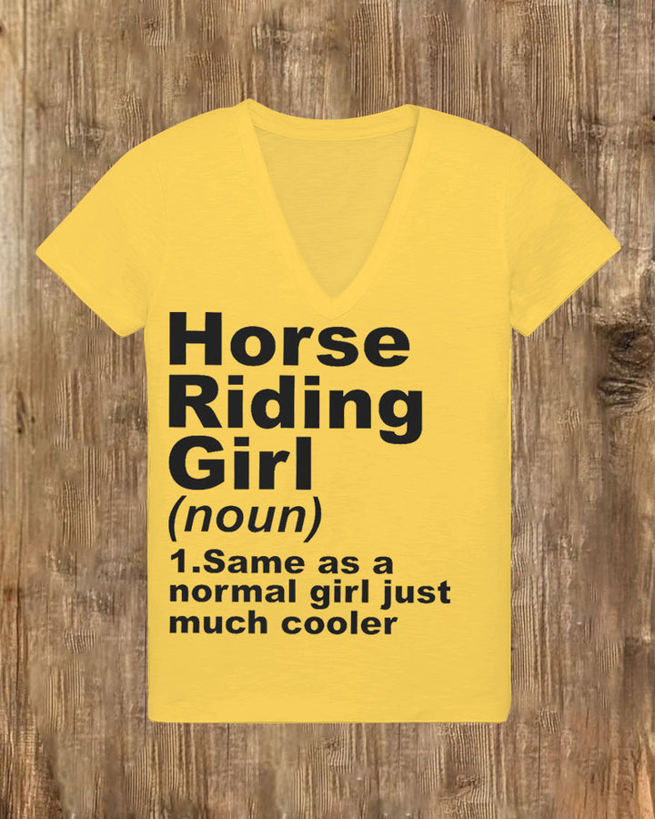 Horse Riding Girl V Neck Short Sleeve Cotton T-shirt