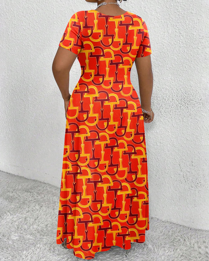 Fun Pattern Print Round Neck Short Sleeve Maxi Dress