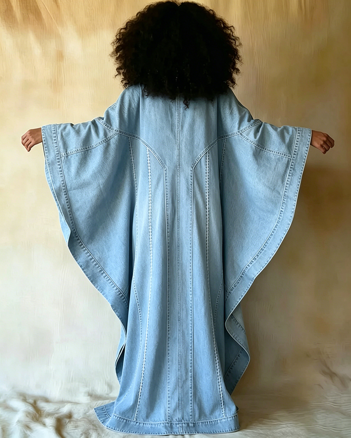 Washed Denim Texture Print V-neck Long Kaftan Dress