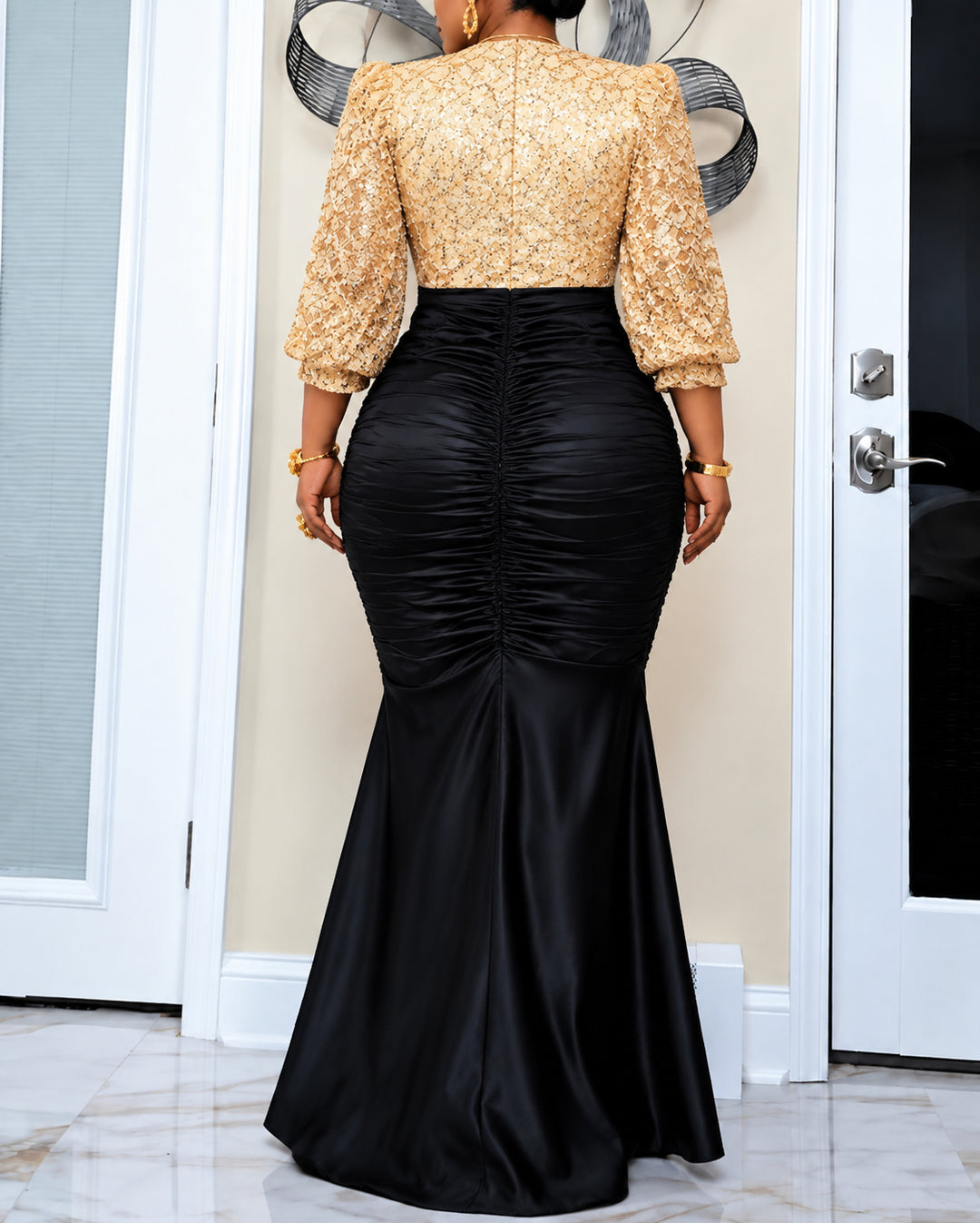 Plus Size Lace Puff Sleeve Sequin Lace Mermaid Maxi Gown Evening Dress