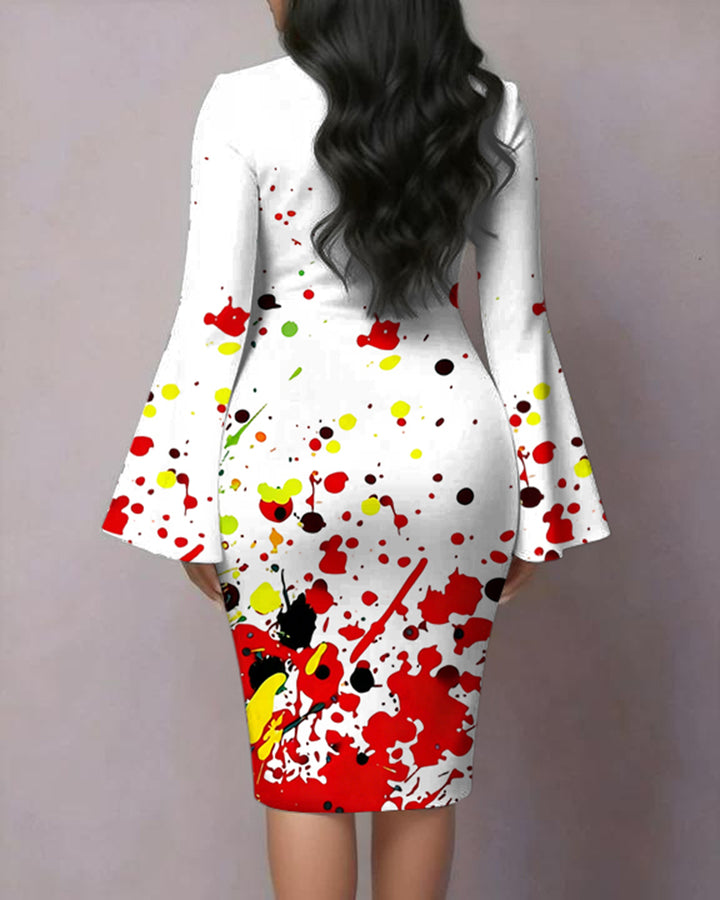 Reggae Color-Block Splash Ink Print Flared Sleeves Mini Dresses