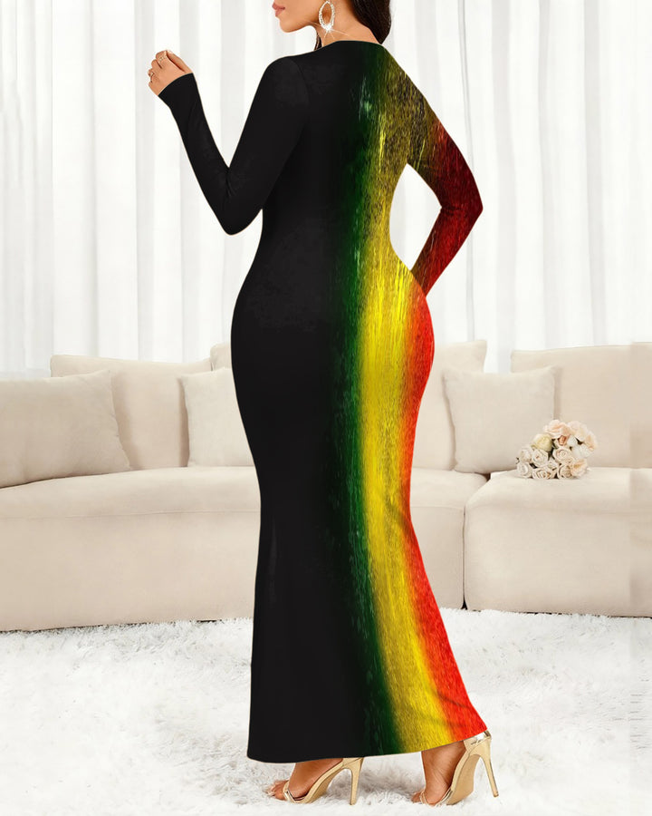 Reggae Color Blocking Round Neck Long Sleeve Bodycon Dress
