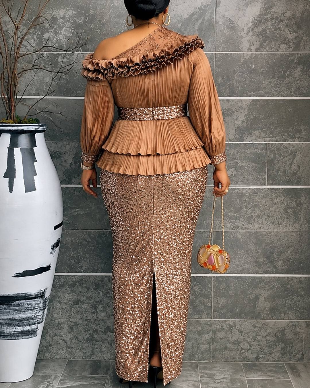 Plus‑Size Pleated Ruffle Peplum Sequin Maxi Dress