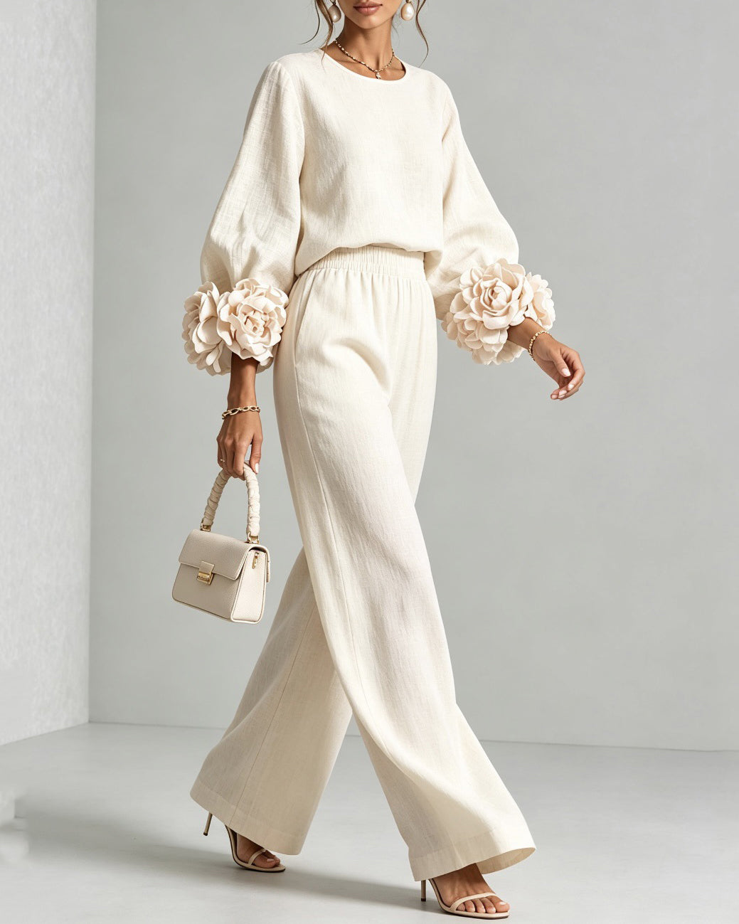 Women 3D Flower Cuff Top & Wide Leg Pants Matching Set Elegant 2 Piece Outfit