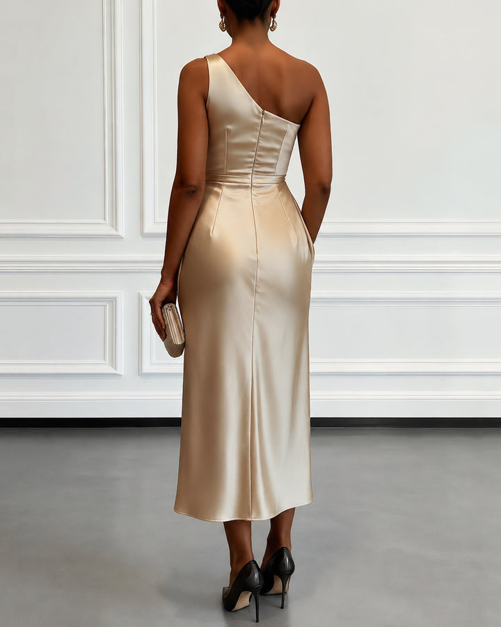 Ruched Satin One Shoulder Sleeveless Sheath Midi Dress