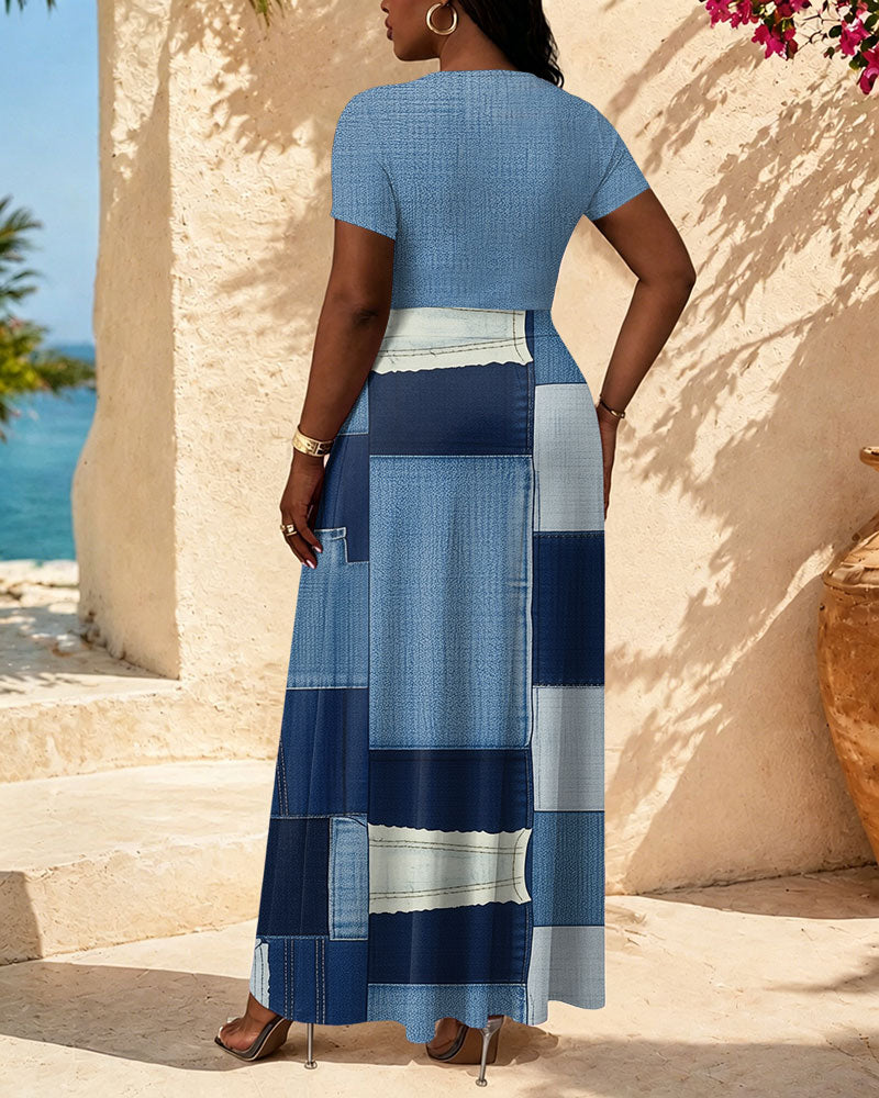 Denim Square Print High-waisted Long Dress