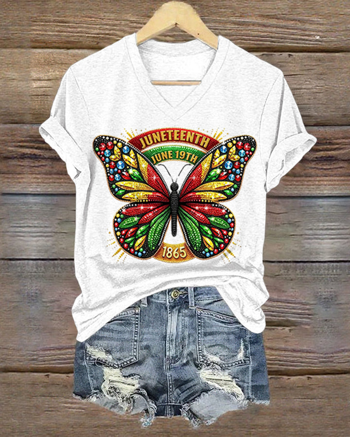 100% Cotton Juneteenth Reggae Diamond Butterfly V Neck Short Sleeve Tshirt