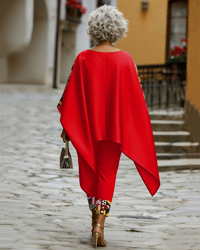 Red Geometric Stripe Patchwork Print Crew Neck Loose Long Shirt and Drawstring Pants
