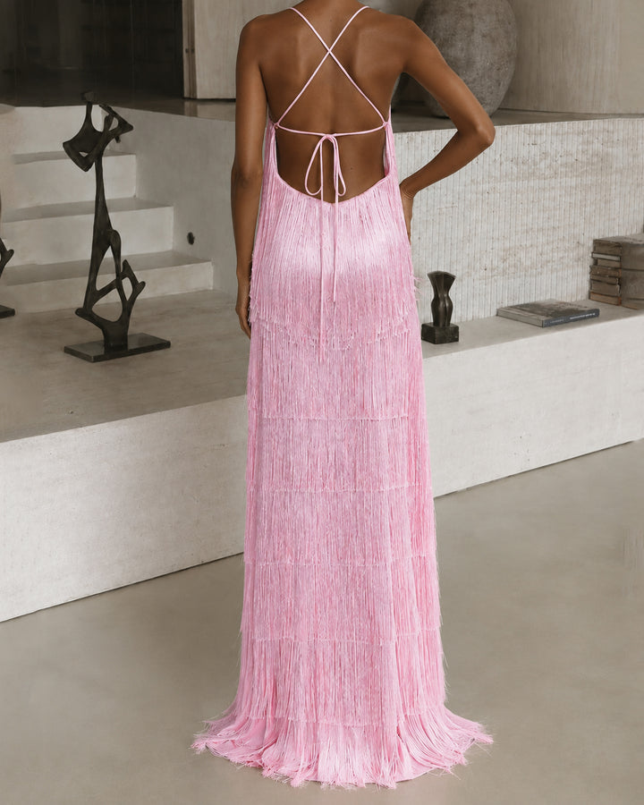 Women Halter Tiered Fringe Maxi Dress Party Dress
