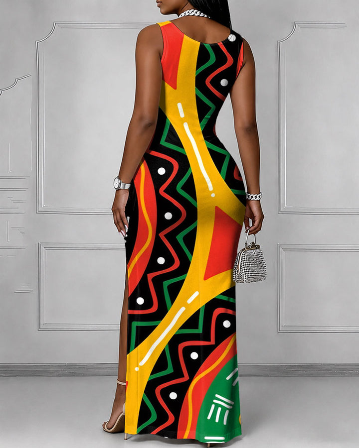 Totem Reggae Geometry Print Sleeveless Split Hem Bodycon Dress