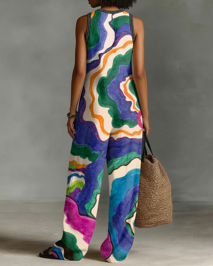 Watercolor Abstract Art Stripes Linen Blend Sleeveless Jumpsuit With Zipper And Stand Collar